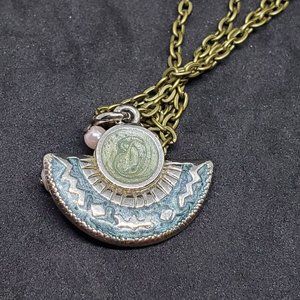 Bronze Tone Enamel Pendant Necklace Faux Pearl 20"